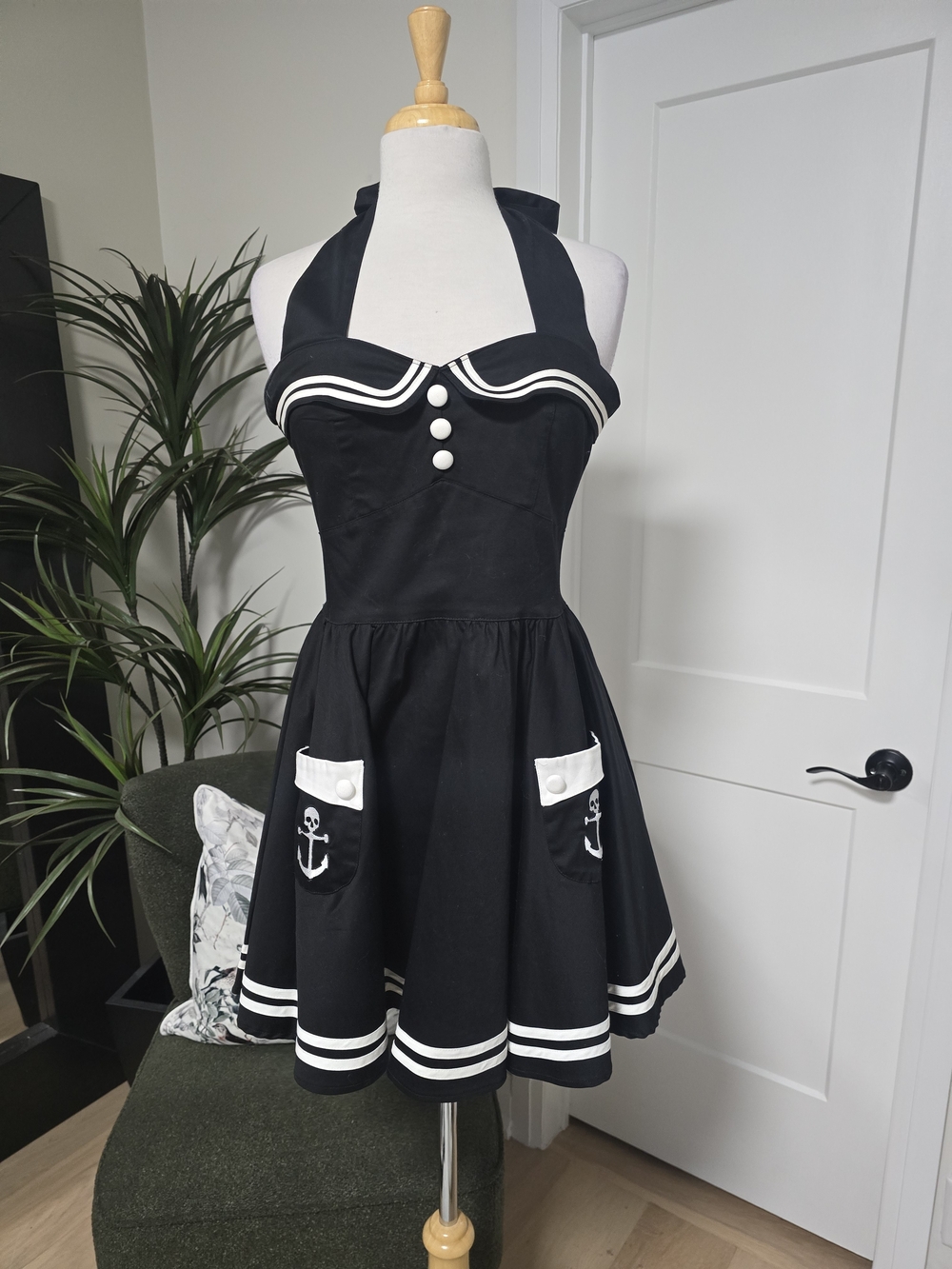 Black Nautical Halter Swing Dress with White Trim